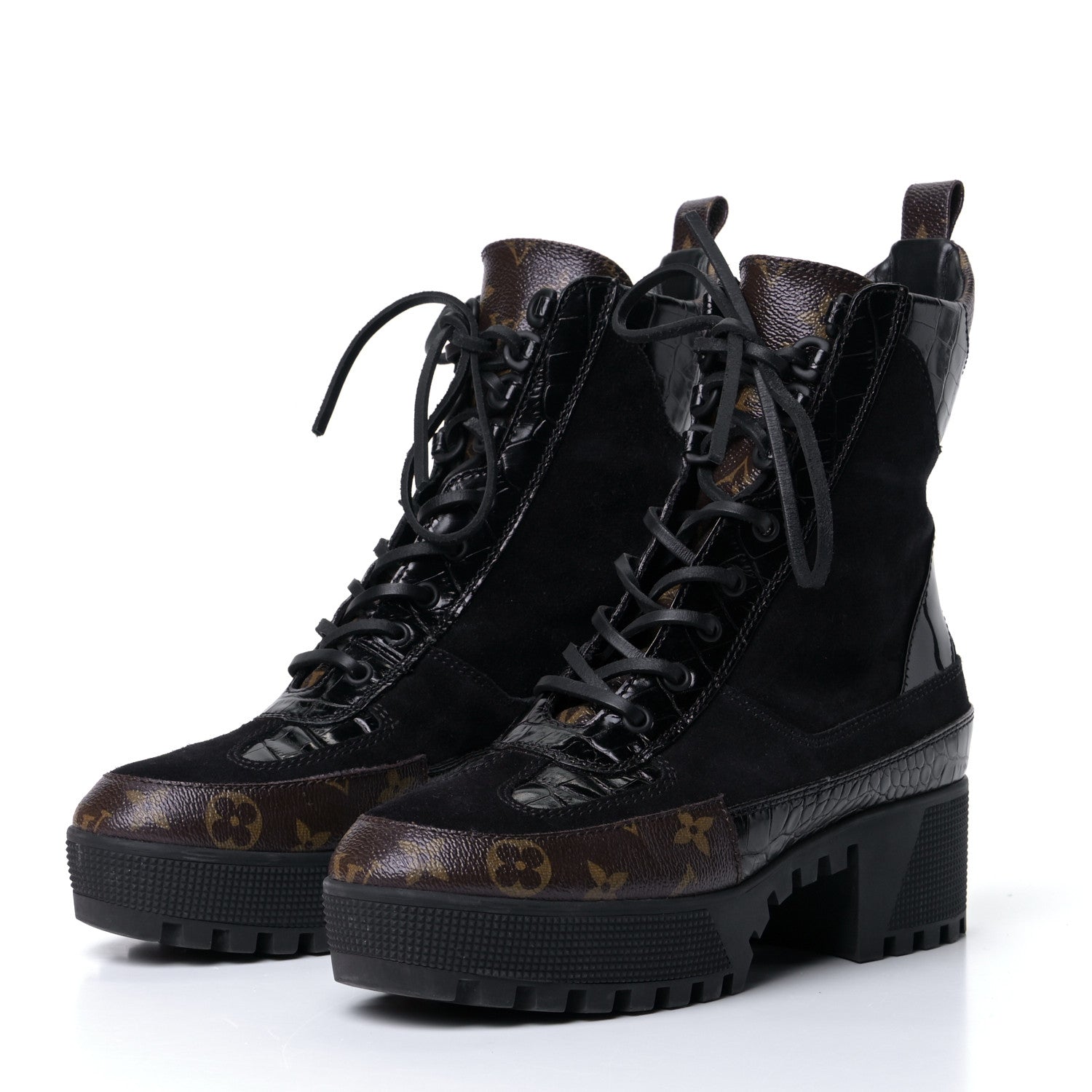 Louis Vuitton Suede Calfskin Crocodile Embossed Patent Monogram Laureate Platform Desert Boots 40 Black 3 of 18