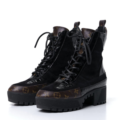 Louis Vuitton Suede Calfskin Crocodile Embossed Patent Monogram Laureate Platform Desert Boots 40 Black 3 of 18