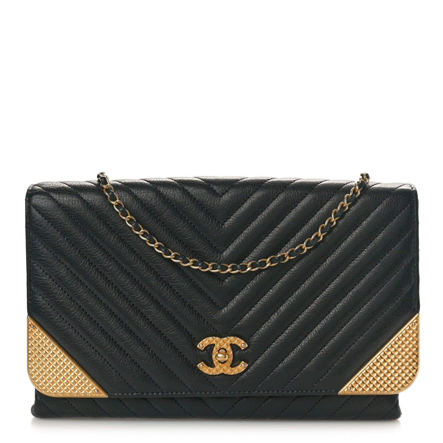 Chanel Calfskin Chevron Quilted Rock The Corner Clutch With Chain Black 1 of 10