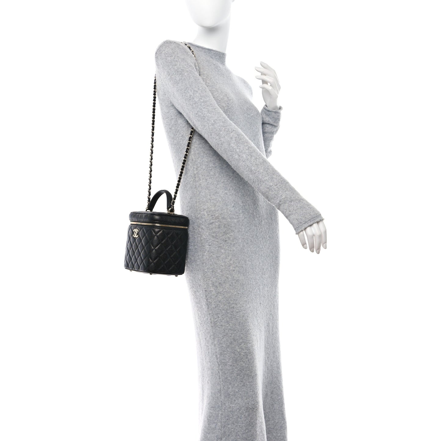 Caviar Quilted Small Top Handle Vanity Case With Chain Black