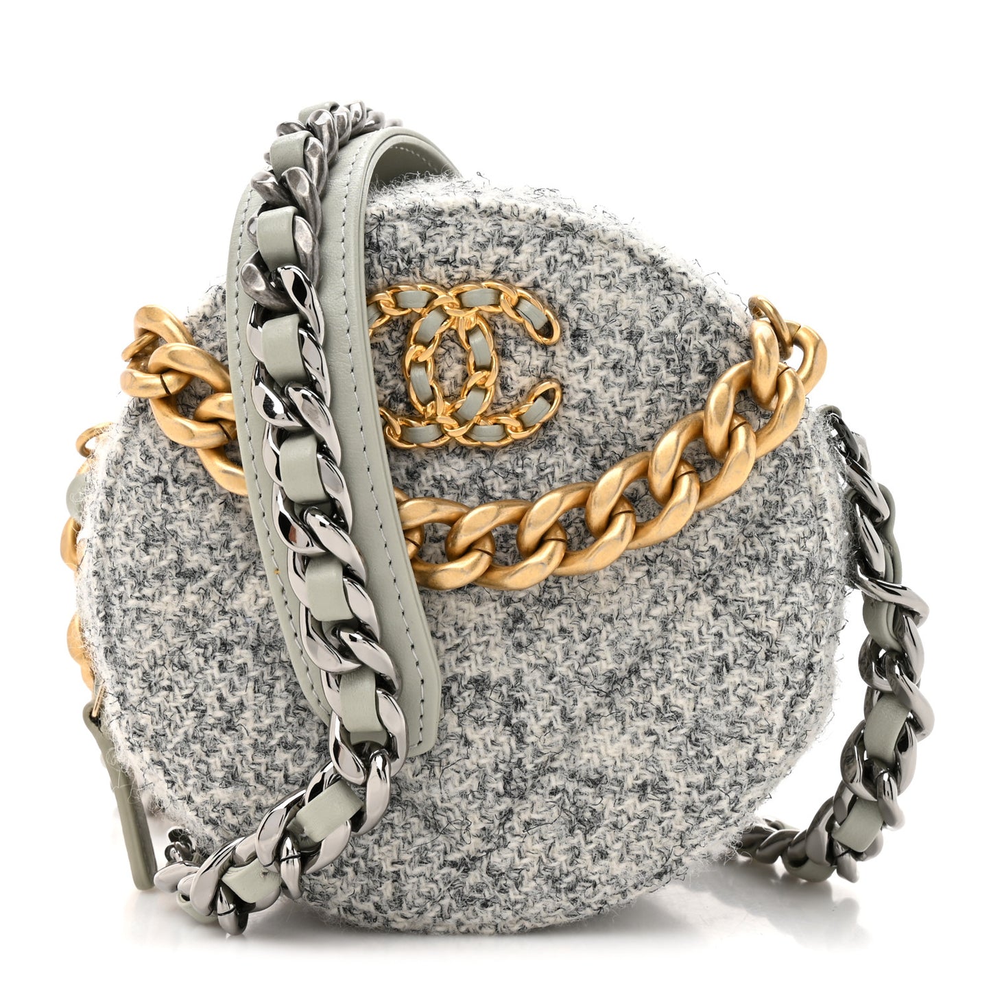Wool Tweed Lambskin Quilted Chanel 19 Round Clutch With Chain Grey Ecru