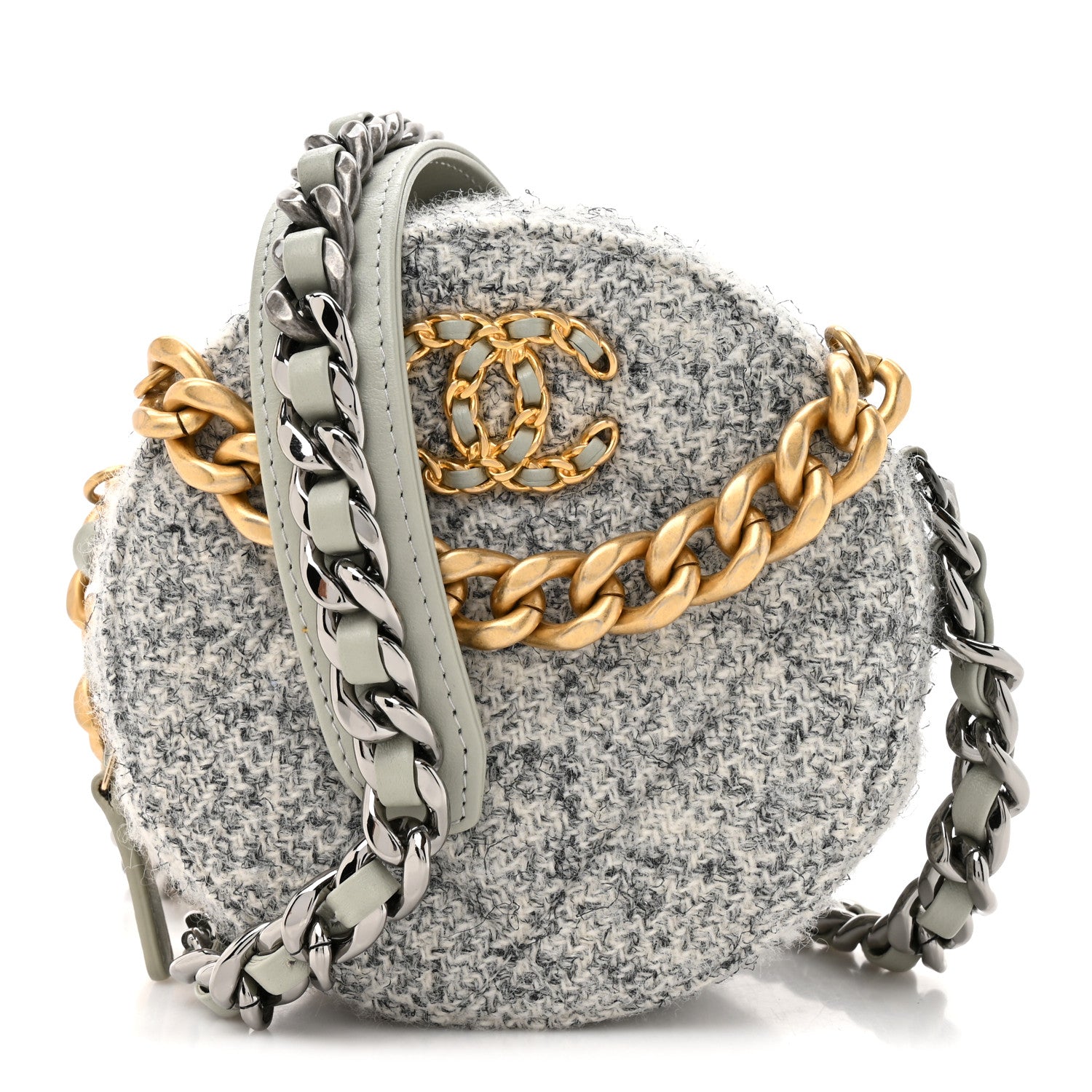 Chanel Wool Tweed Lambskin Quilted Chanel 19 Round Clutch With Chain Grey Ecru 1 of 10