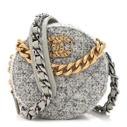 Chanel Wool Tweed Lambskin Quilted Chanel 19 Round Clutch With Chain Grey Ecru 1 of 10