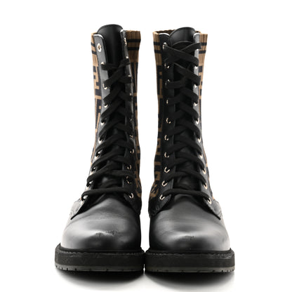 Fendi Calfskin Stretch Fabric FF Rockoko Biker Boots 39 Black Tobacco 2 of 7