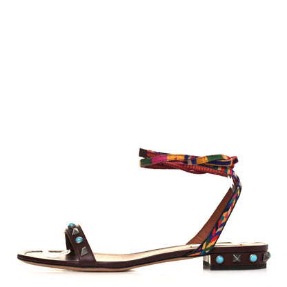 Valentino Garavani Calfskin Embroidered Rockstud Rolling Wrap Sandals 39 Brown 1 of 8