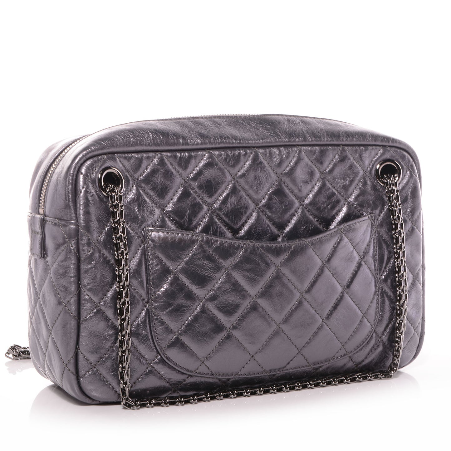 Metallic Aged Calfskin Quilted Medium Reissue Camera Case Dark Silver