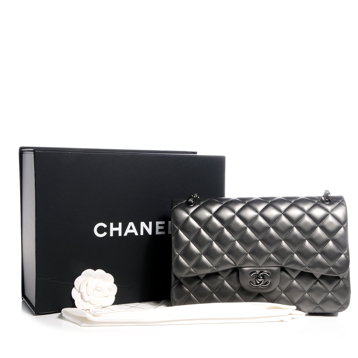 Lambskin Quilted Jumbo Double Flap Metallic Grey
