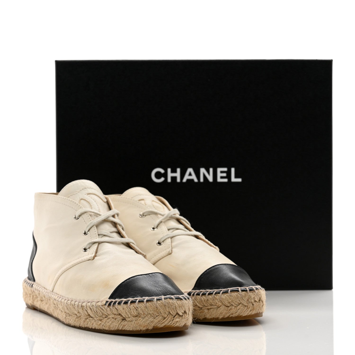 Chanel Lambskin Canvas Cap Toe Lace Up Espadrilles 38 Beige Black 9 of 9