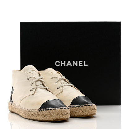 Chanel Lambskin Canvas Cap Toe Lace Up Espadrilles 38 Beige Black 9 of 9