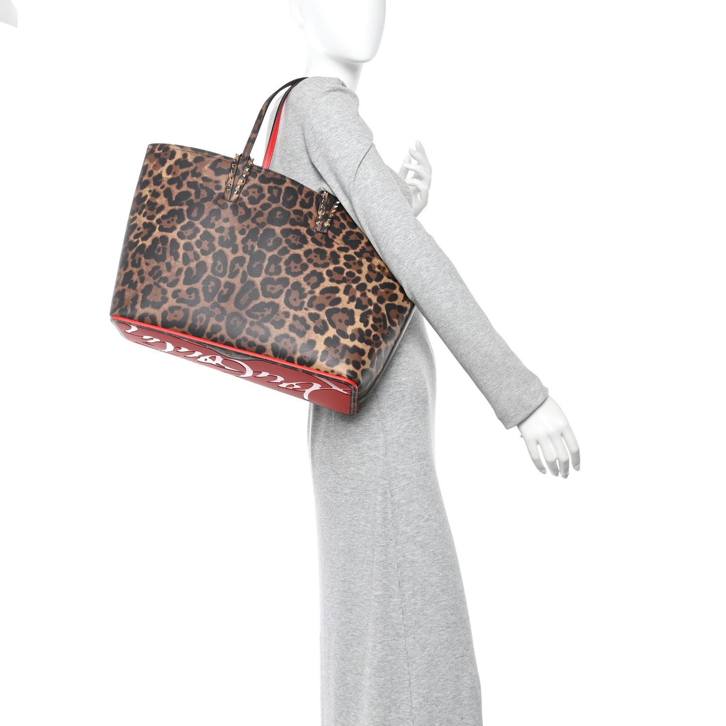 Calfskin Leopard Print Spikes East West Cabata Tote Brown