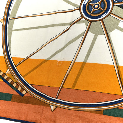 Hermes Cashmere Silk Voitures en Equilibre Shawl 140 Terracotta Mangue Vert Amande 6 of 7