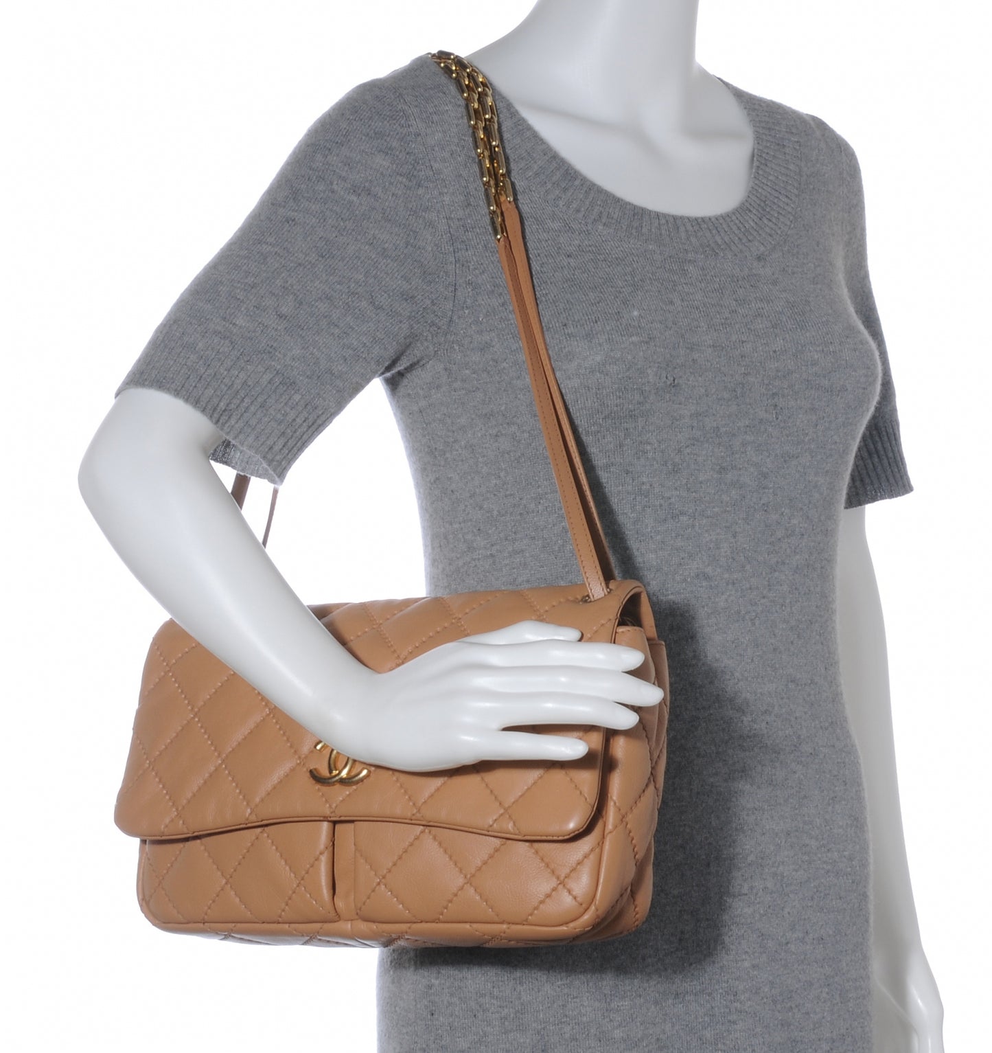 Calfskin Quilted Large Retro Chain Flap Beige