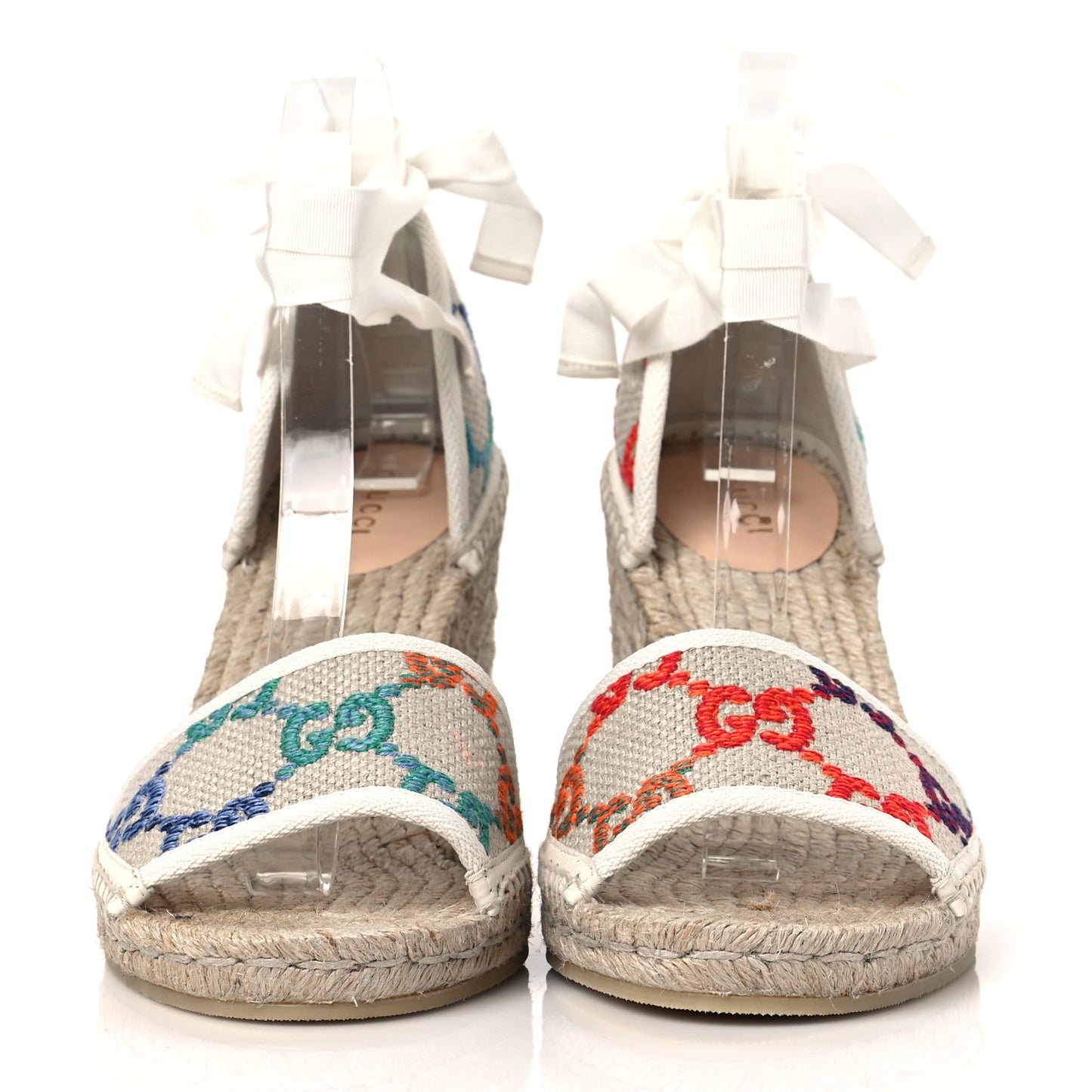 Linen Psychedelic Mini GG Monogram Ankle Wrap Platform Espadrille Wedge Sandals 40.5 Multicolor Mystic White