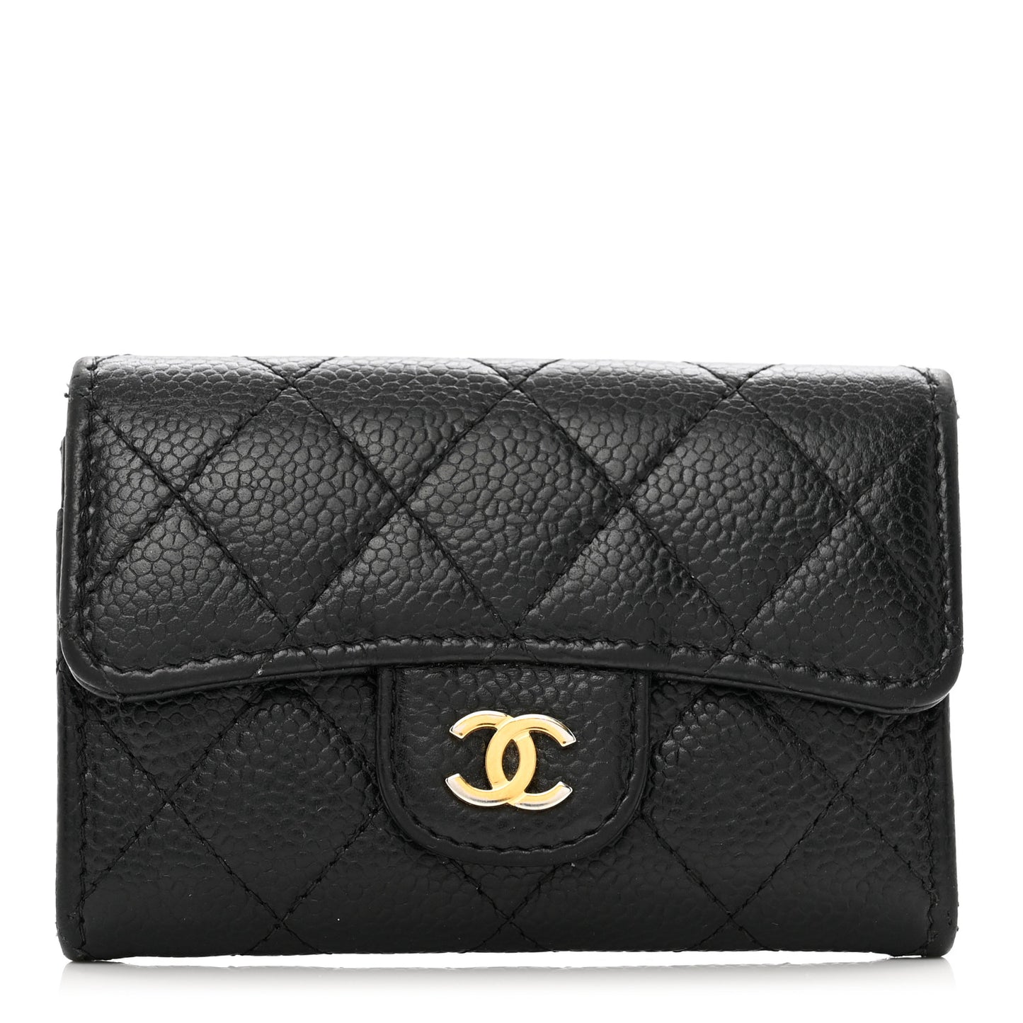 Caviar Quilted Flap Card Holder Wallet Black