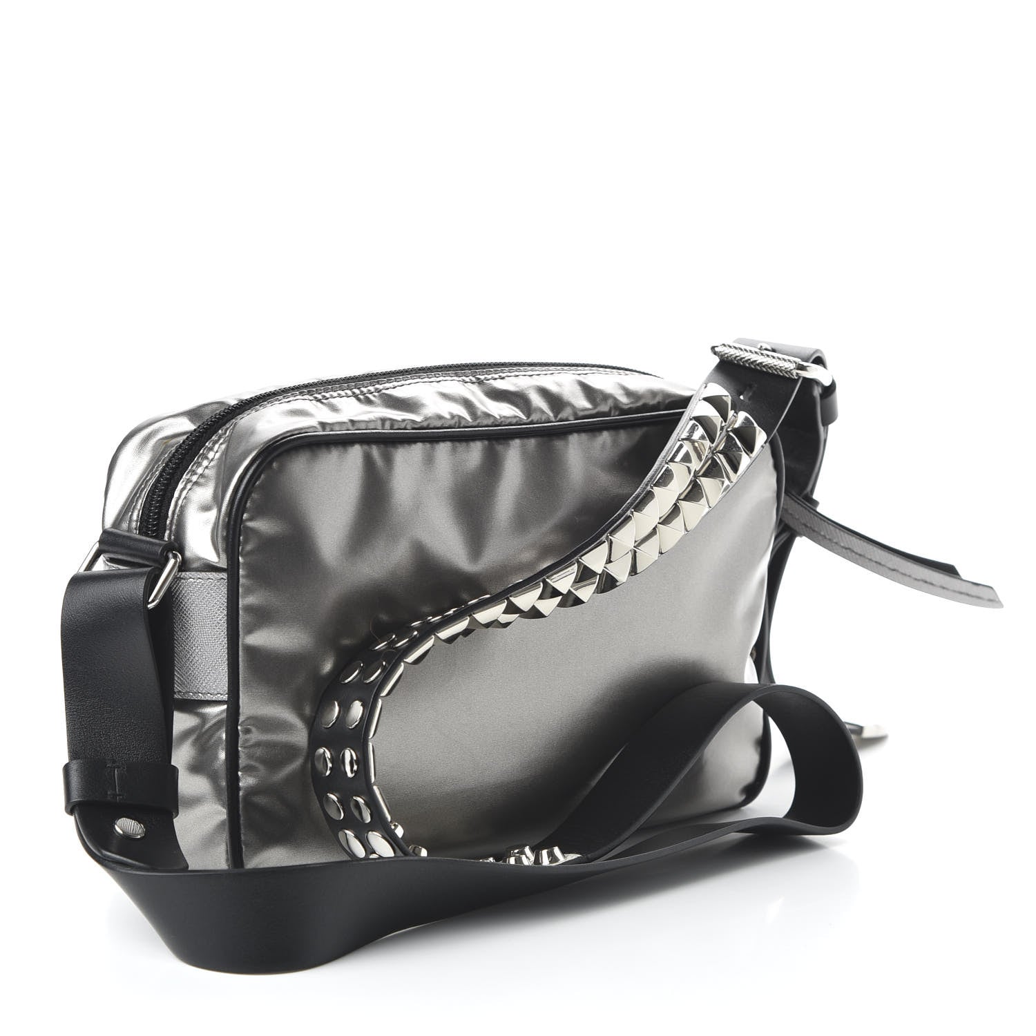 Prada Metallic Tessuto Nylon Metal Studded Shoulder Bag Ferro Black 3 of 9