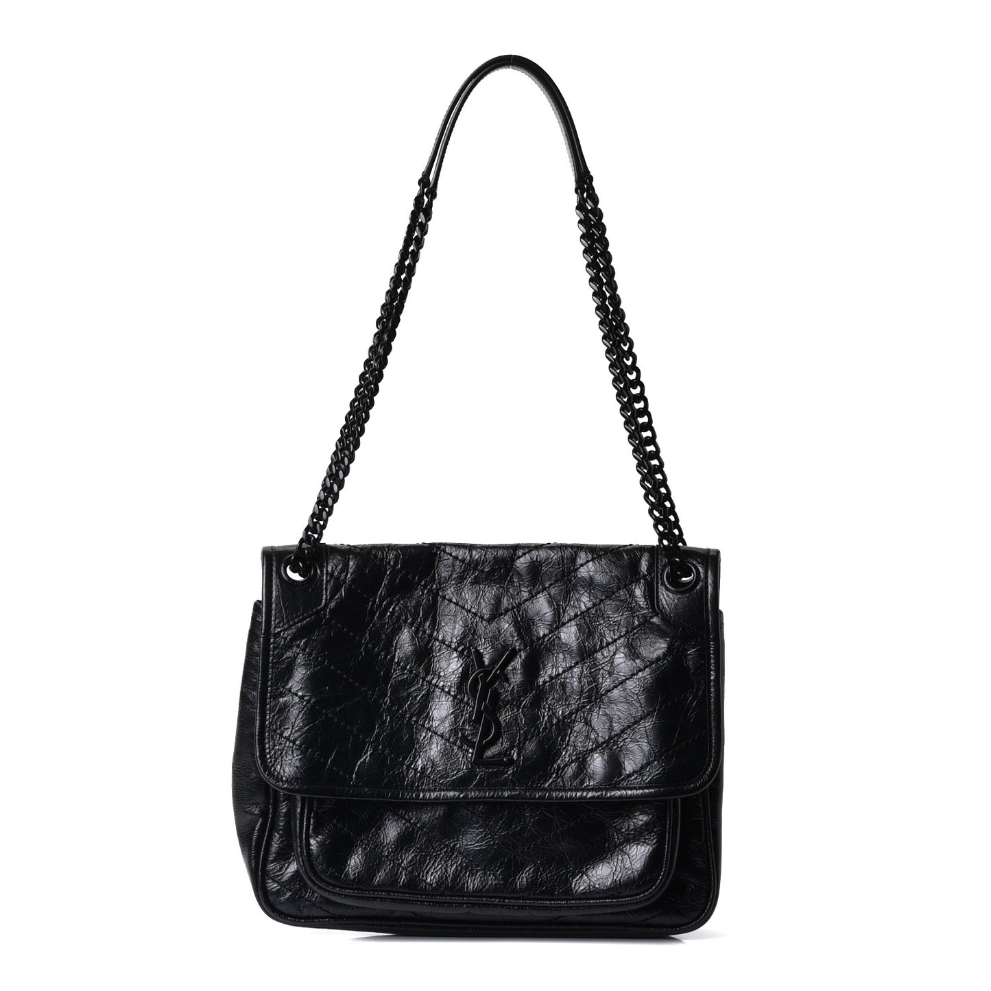 Crinkled Calfskin Matelasse Monogram Medium Niki Chain Satchel Black