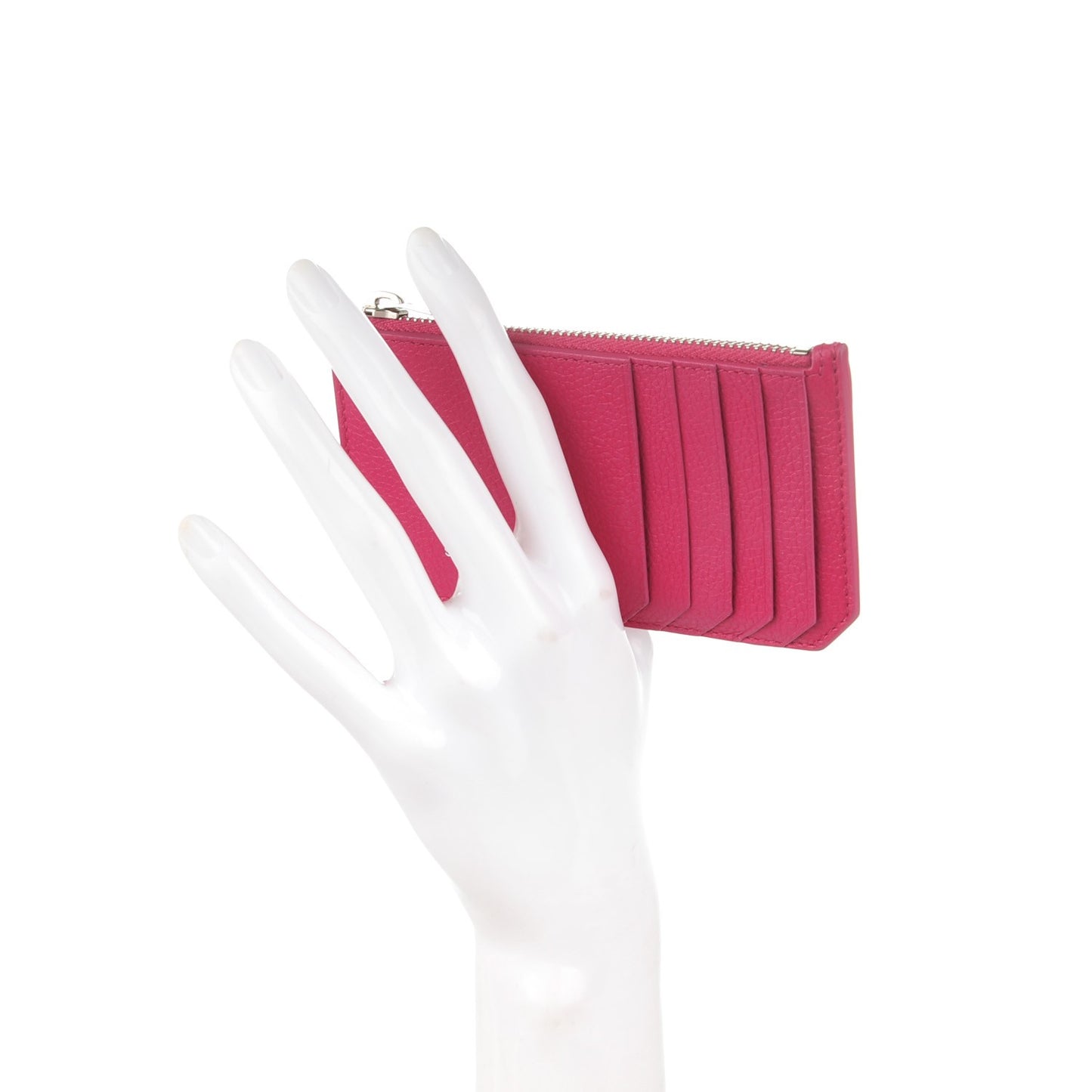 Grained Calfskin 5 Fragments Zip Pouch Card Holder Lipstick Fuchsia