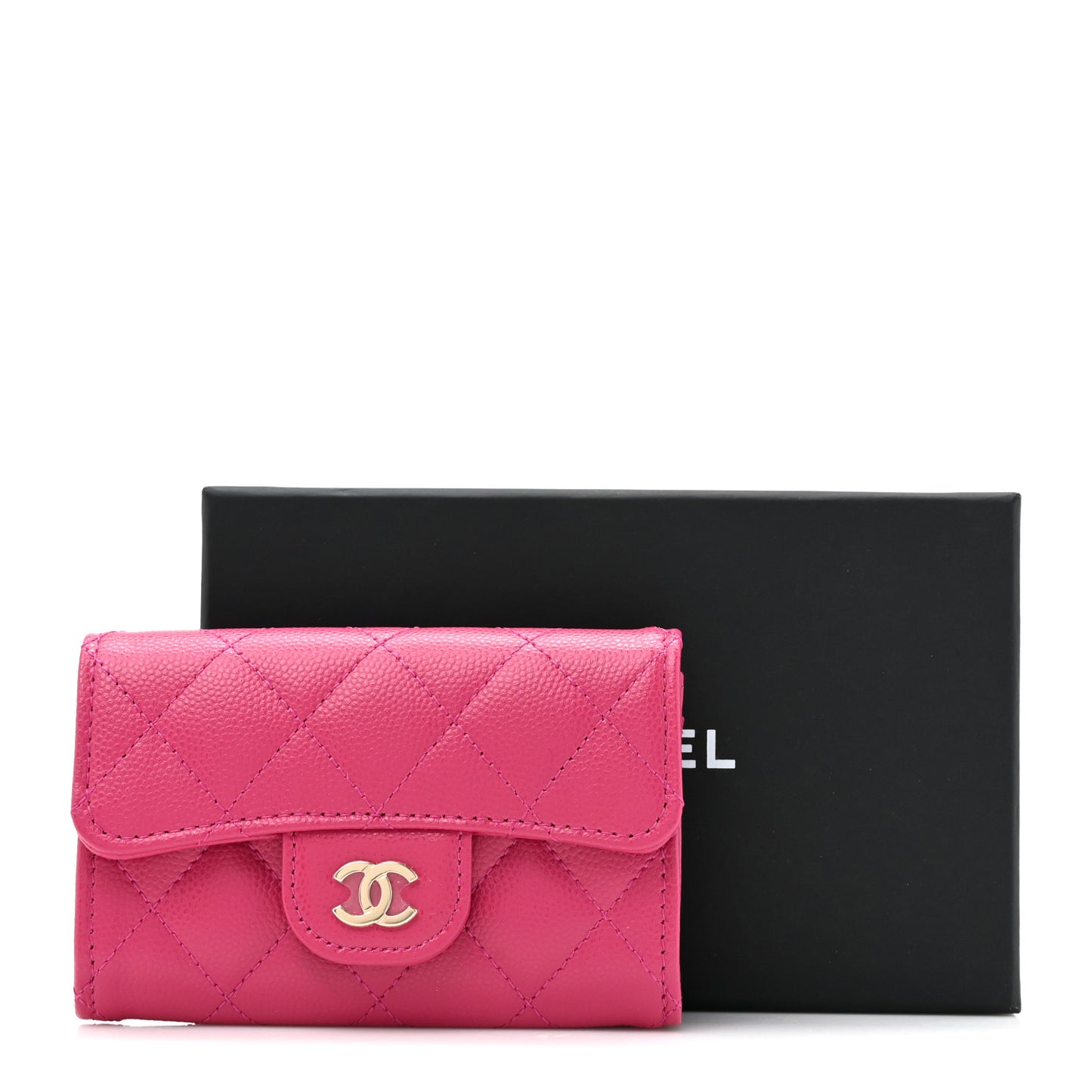 Caviar Quilted Flap Card Holder Wallet Fuchsia