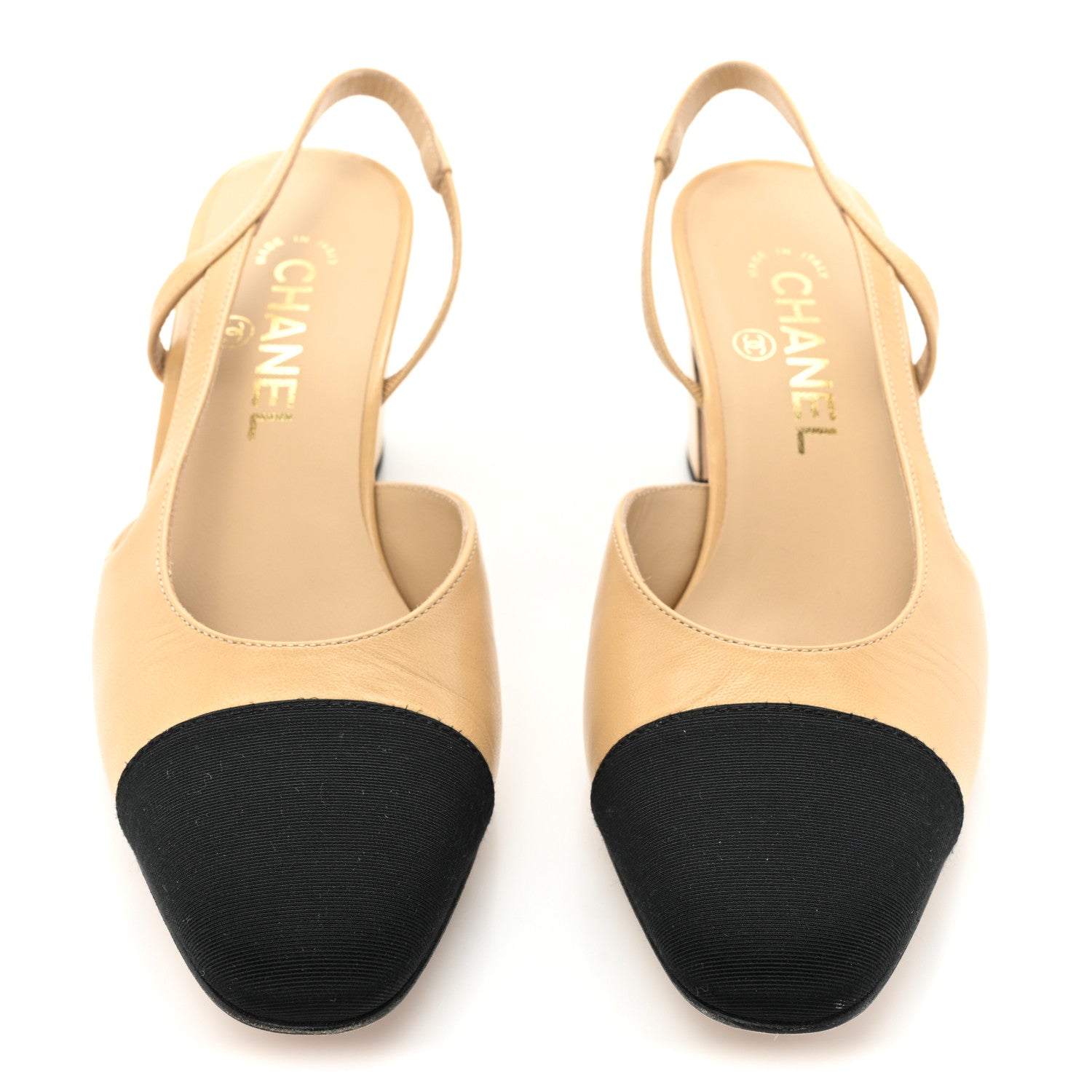 Chanel Goatskin Grosgrain Cap Toe CC Slingback Pumps 38 Beige Black 2 of 10