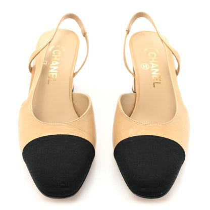 Chanel Goatskin Grosgrain Cap Toe CC Slingback Pumps 38 Beige Black 2 of 10