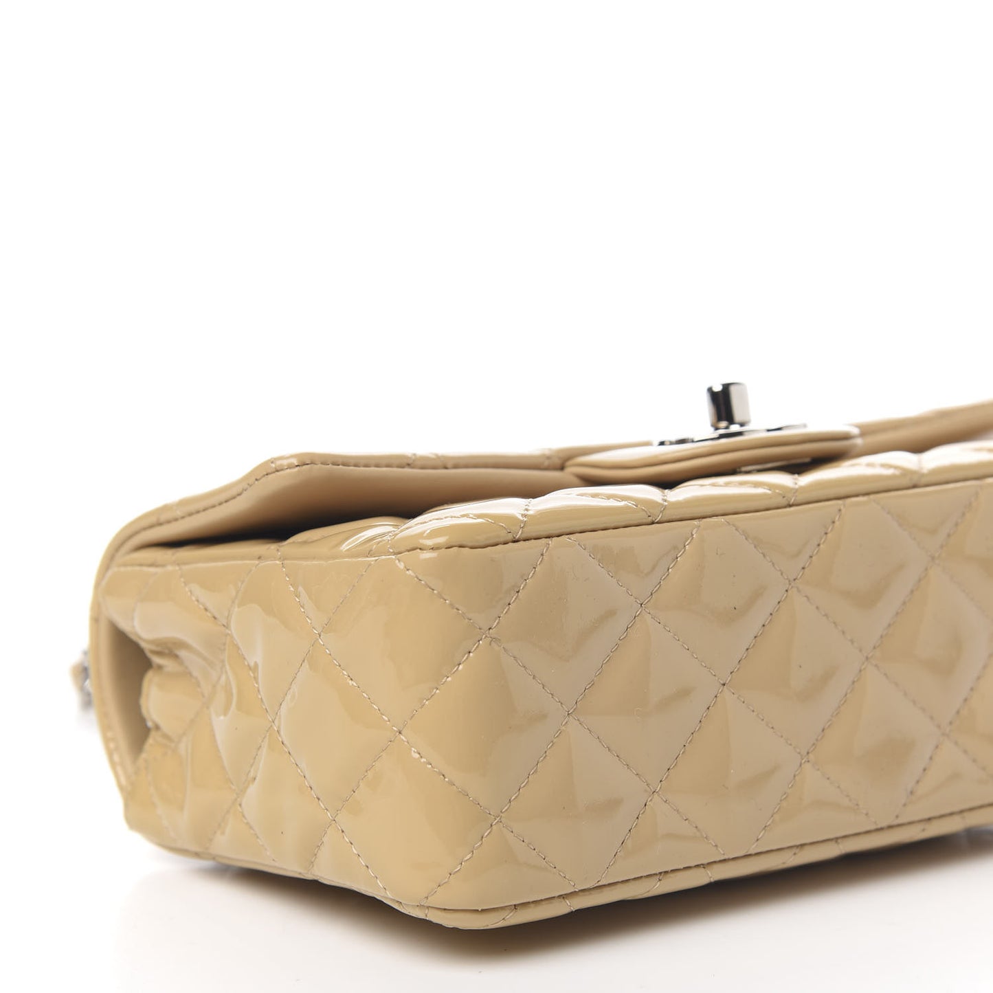 Patent Calfskin Quilted Mini Rectangular Flap Beige