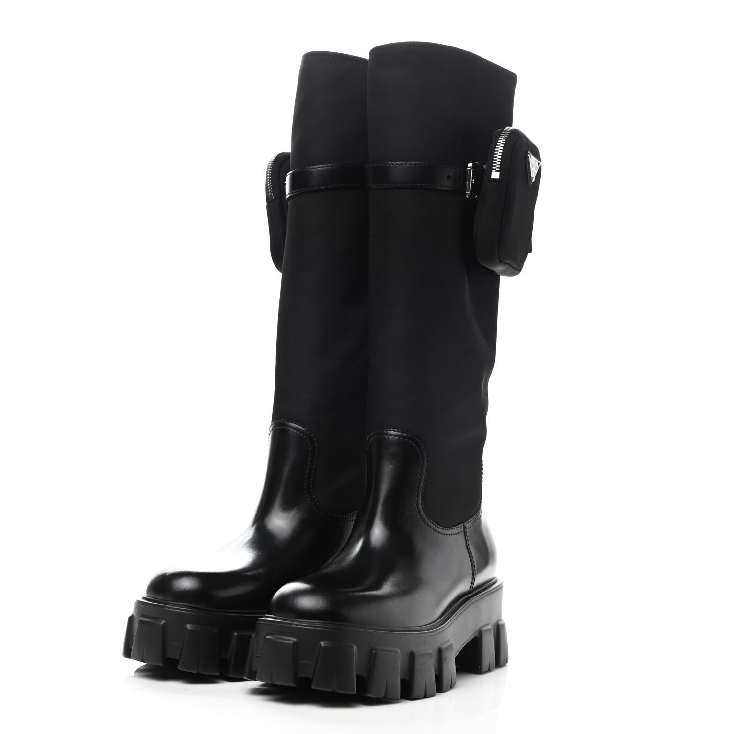 Prada Spazzolato Rois Re-Nylon Metal Triangle Logo Monolith Pouch Pocket 55mm Tall Boots 38 Black 3 of 5