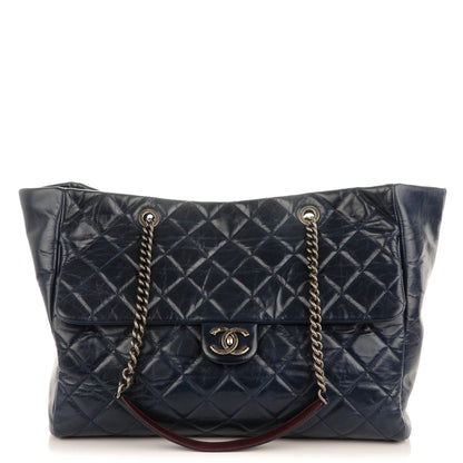 Chanel Glazed Calfskin Quilted Large Duo Color Tote Navy Burgundy 1 of 8