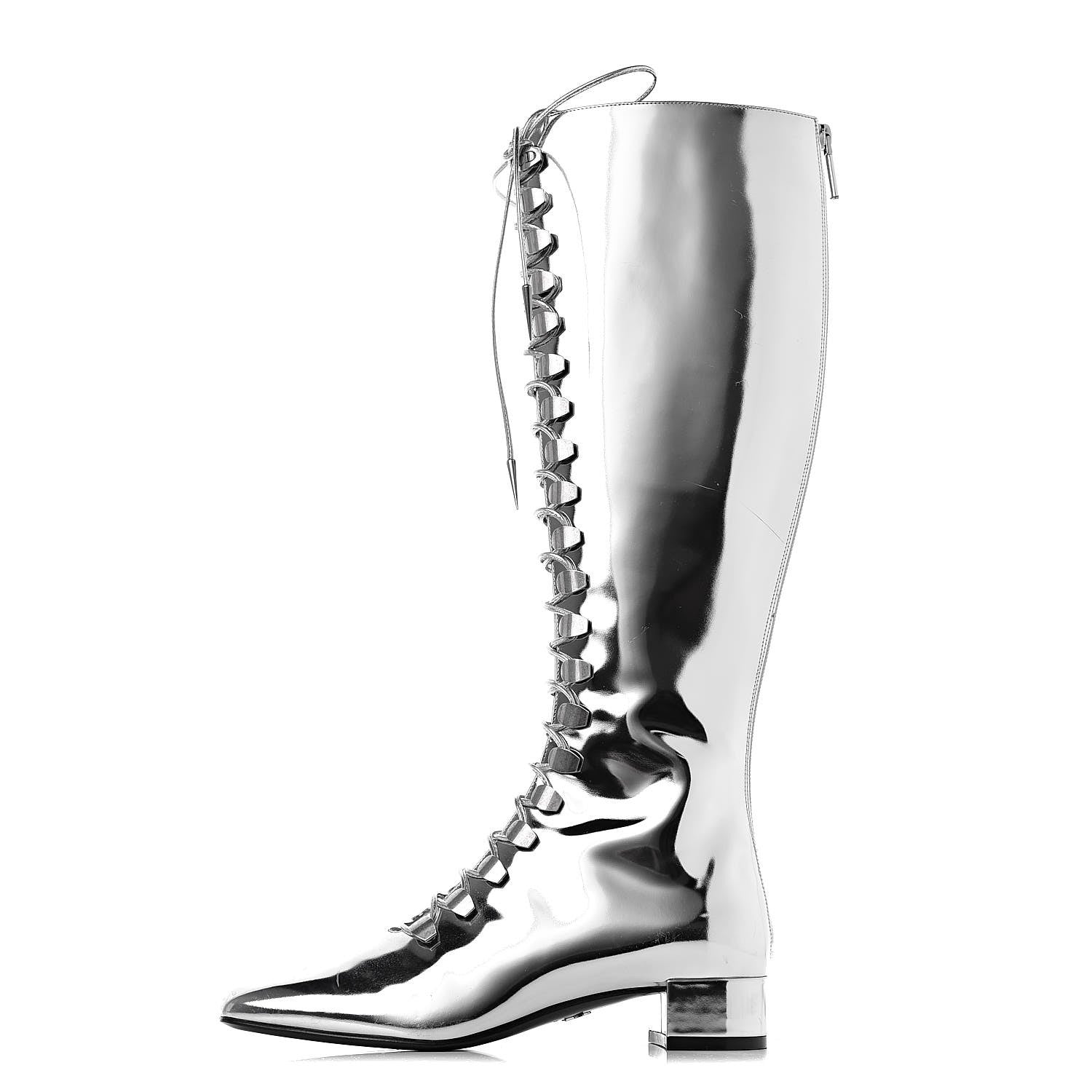 Christian Dior Mirror Finish Calfskin Hardior Lace Up Boots 35.5 Silver 1 of 9