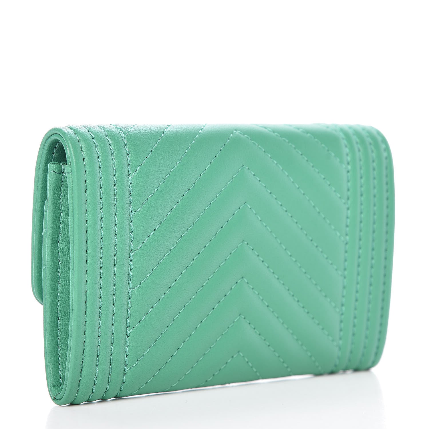 Chanel Lambskin Chevron Quilted Boy Card Holder Wallet Green 3 of 13