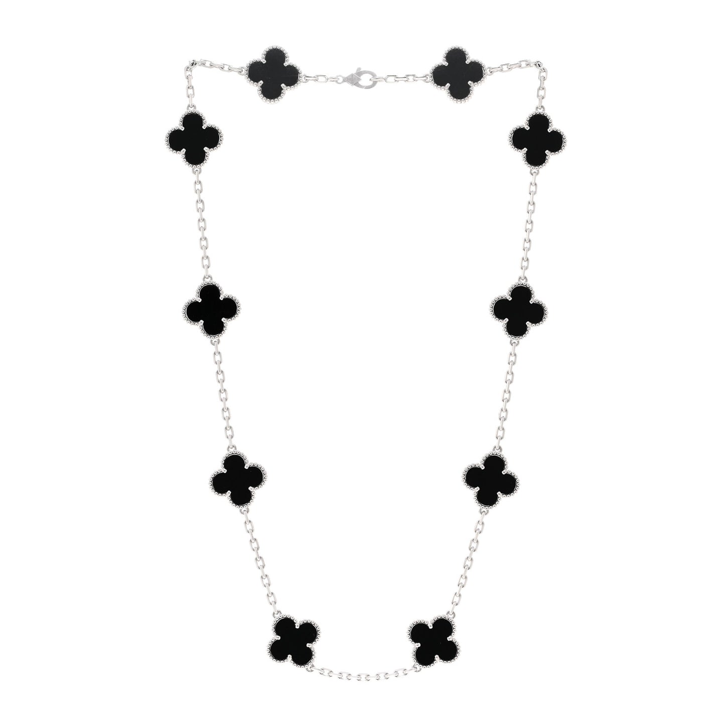 18K White Gold Black Onyx 10 Motifs Vintage Alhambra Necklace