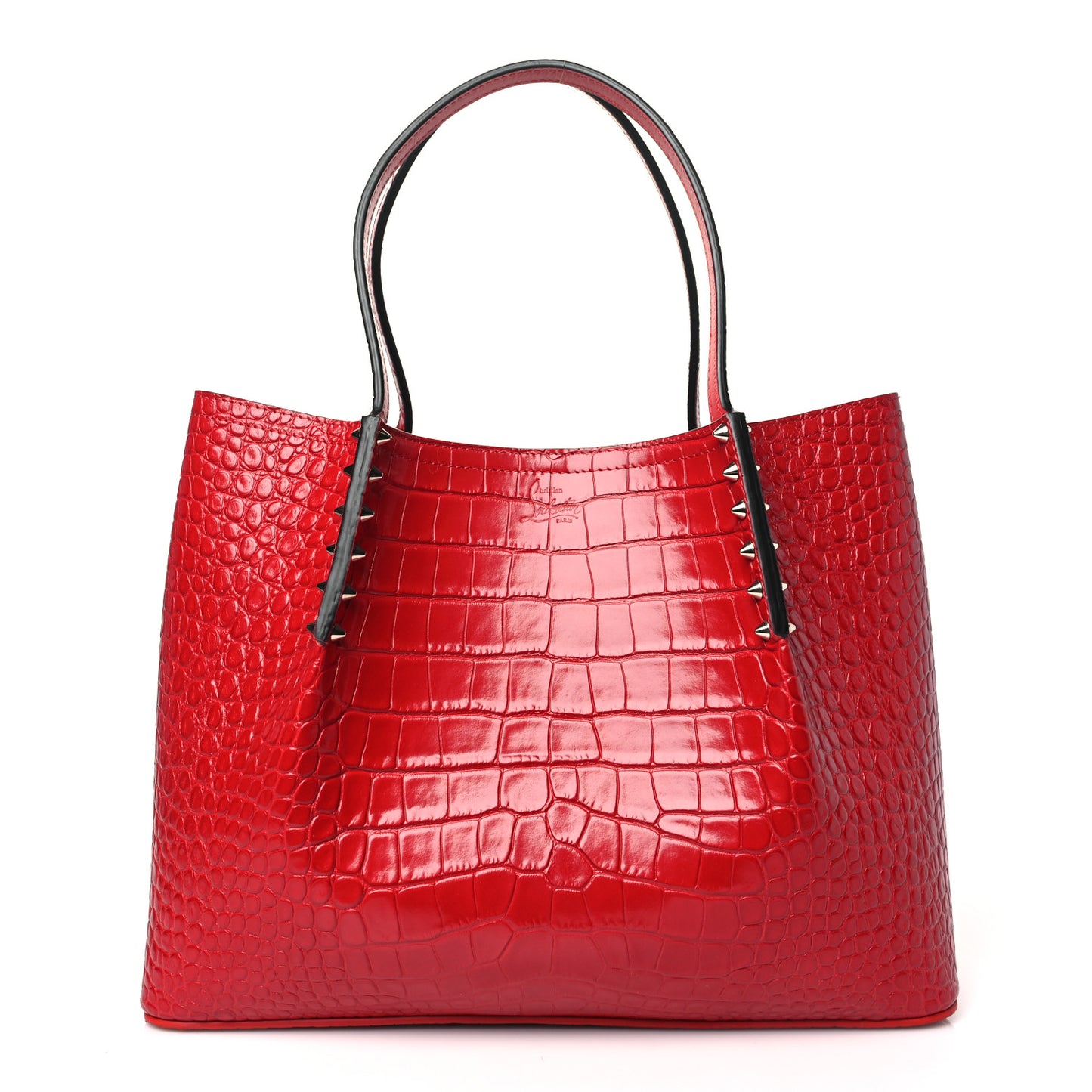 Crocodile Embossed Calfskin Spiked Small Cabarock Shopper Tote Red