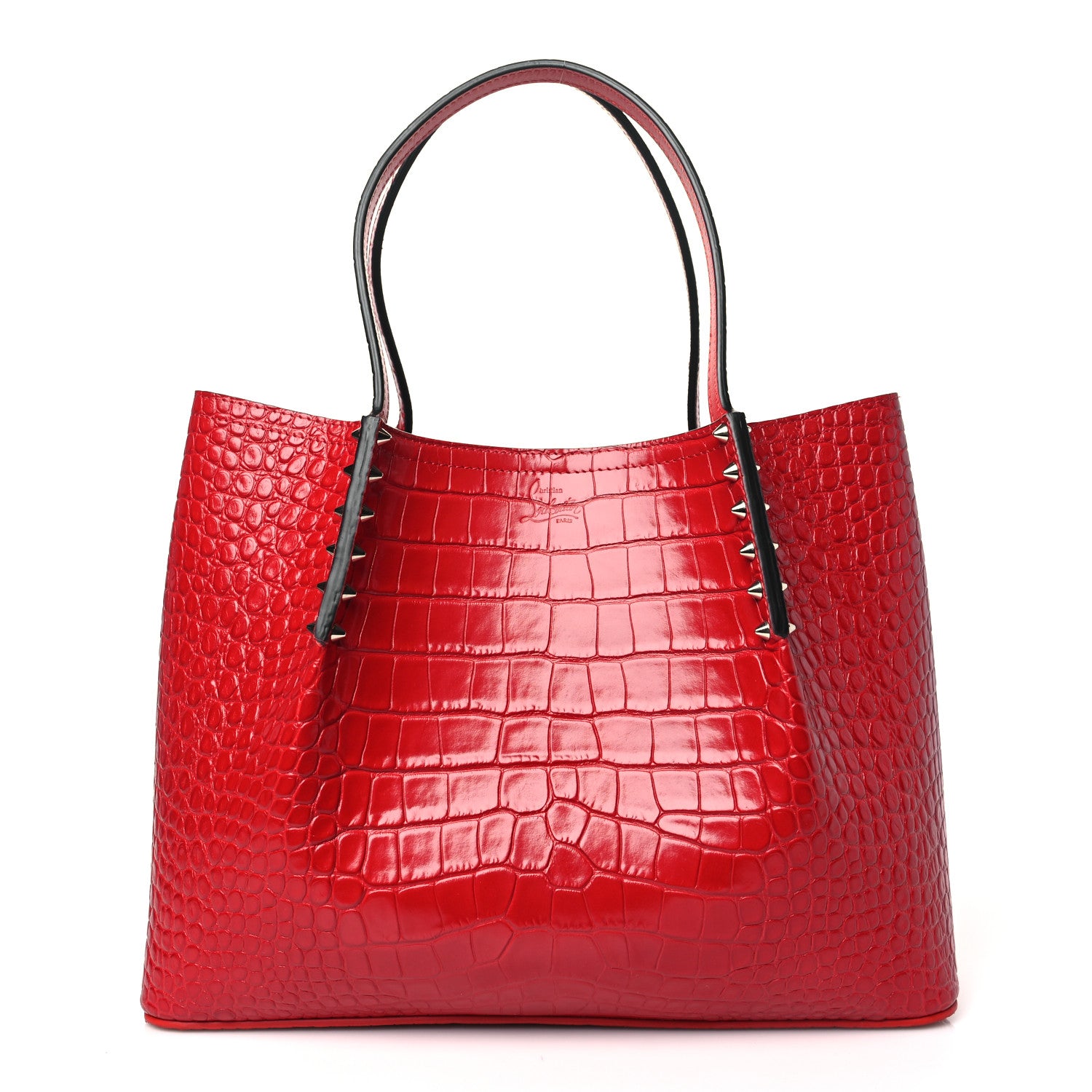Christian Louboutin Crocodile Embossed Calfskin Spiked Small Cabarock Shopper Tote Red 1 of 9