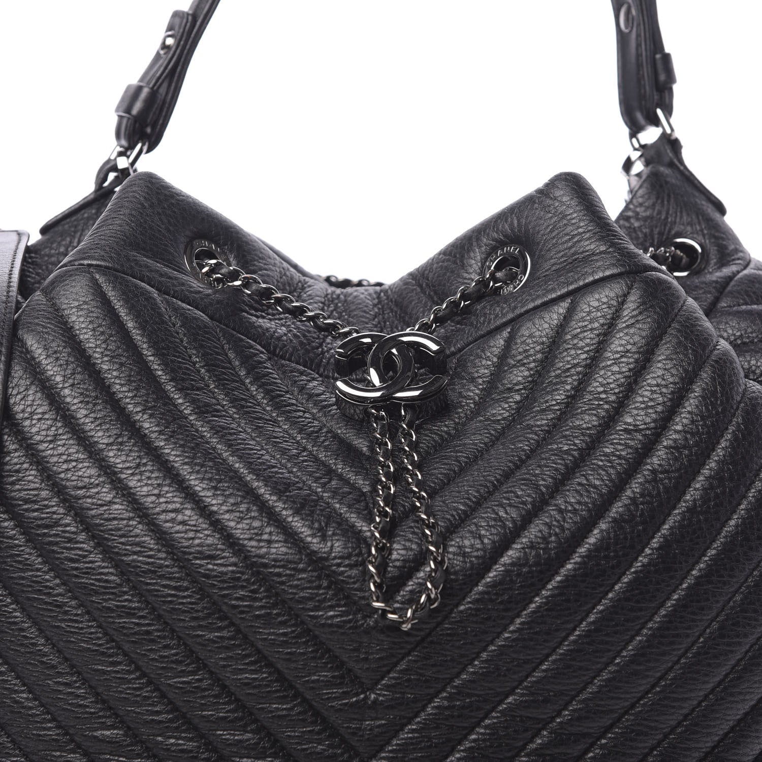 Chanel Deerskin Chevron Large CC Chain Bucket Drawstring Bag Black 8 of 11