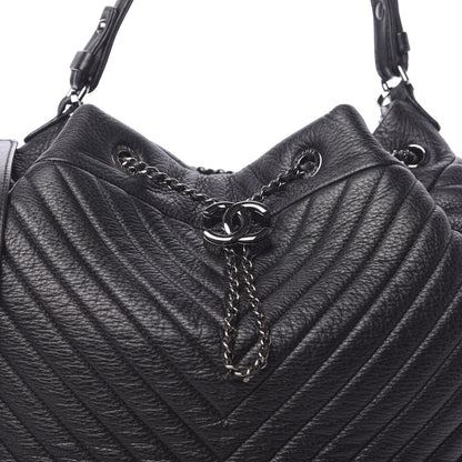 Chanel Deerskin Chevron Large CC Chain Bucket Drawstring Bag Black 8 of 11