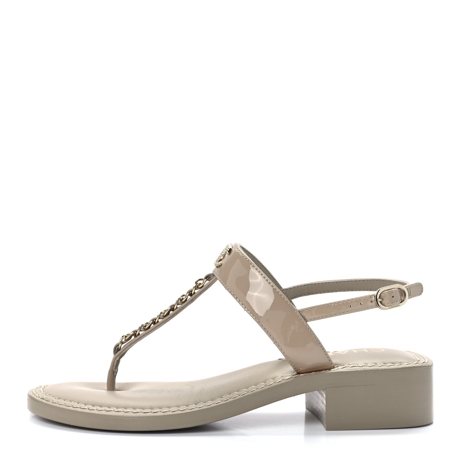 Chanel Lambskin Patent Chain CC Logo Thong Sandals 35.5 Beige 1 of 9