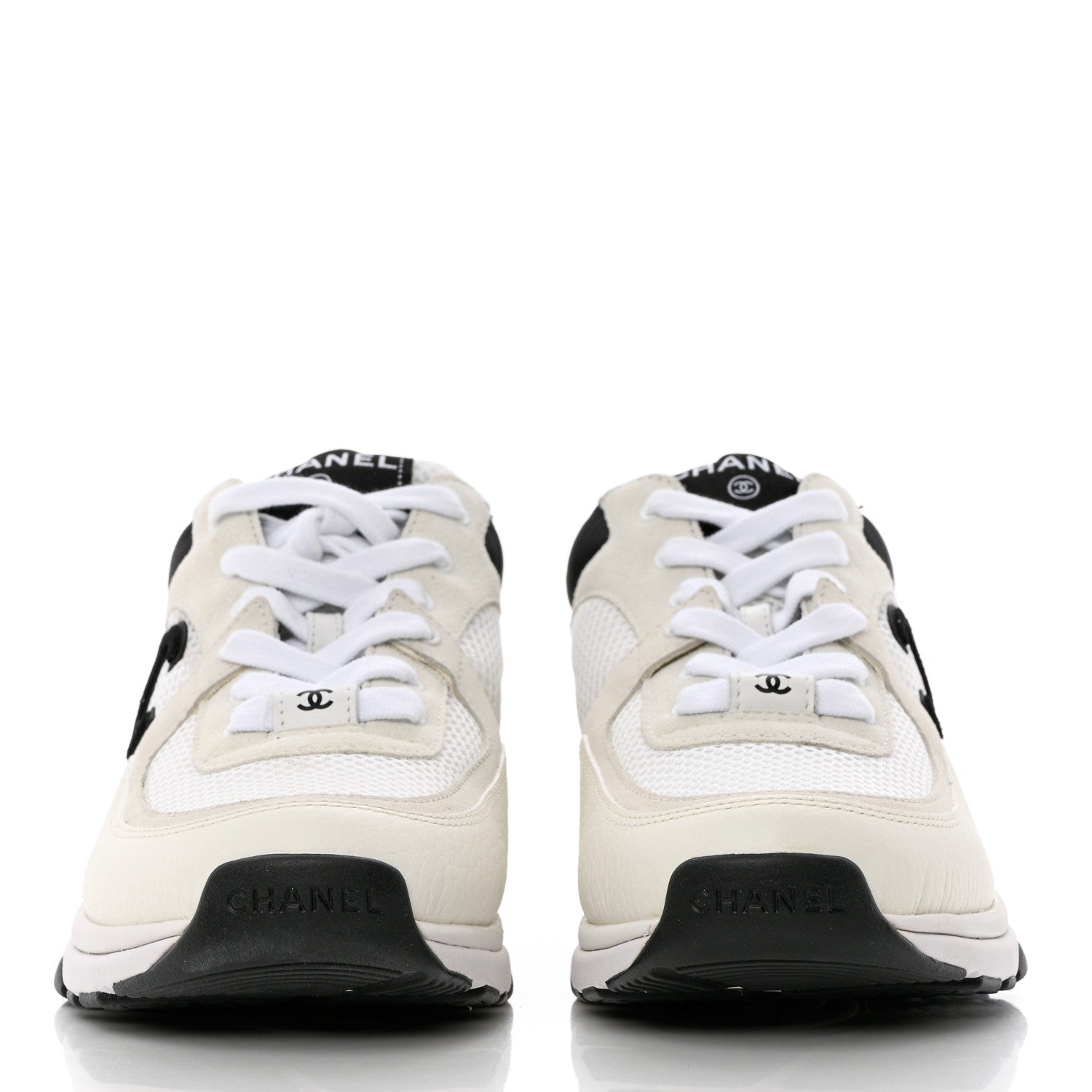 Chanel Mesh Suede Calfskin Grained Calfskin Womens CC Sneakers 38.5 White Black 2 of 11
