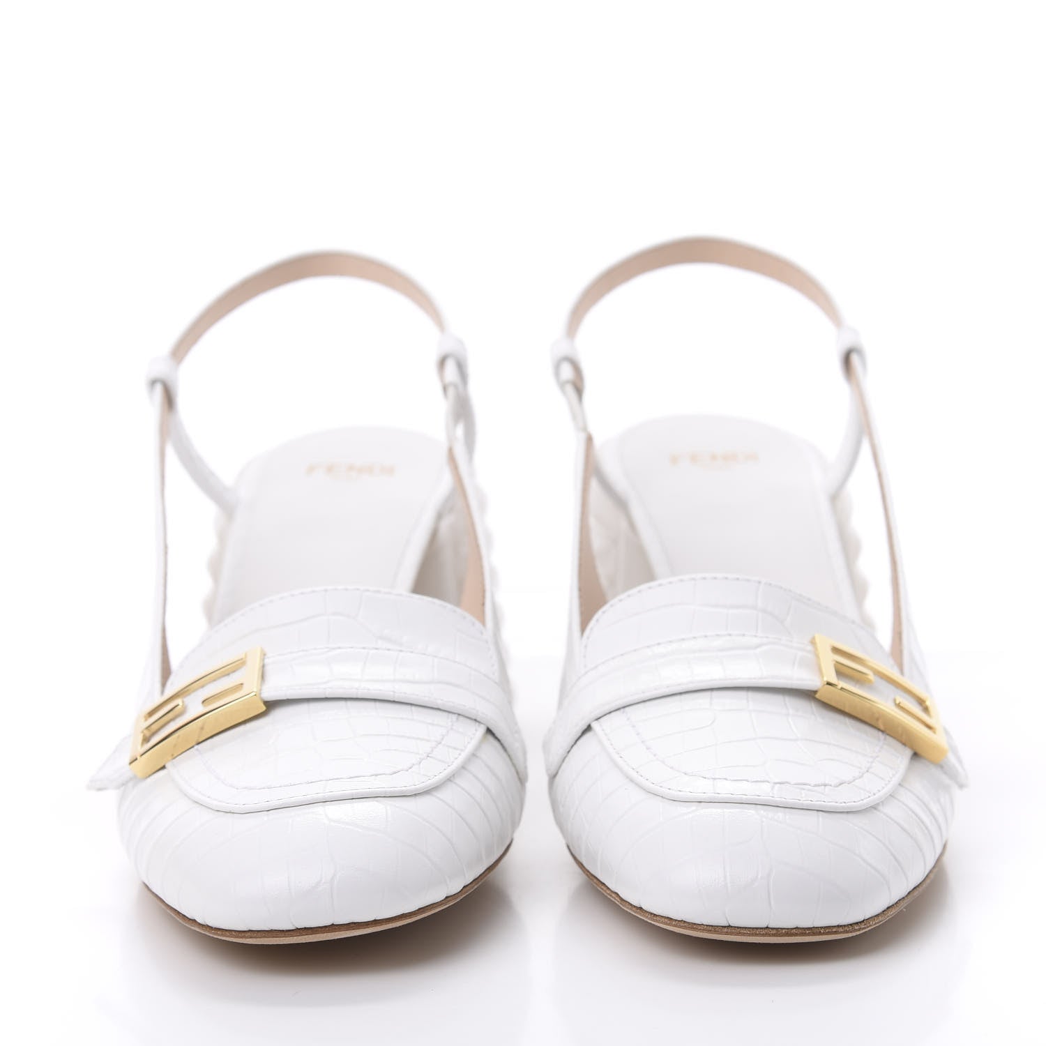 Fendi Calfskin Crocodile Embossed Promenade Slingback Loafer Pumps 36.5 White 2 of 8