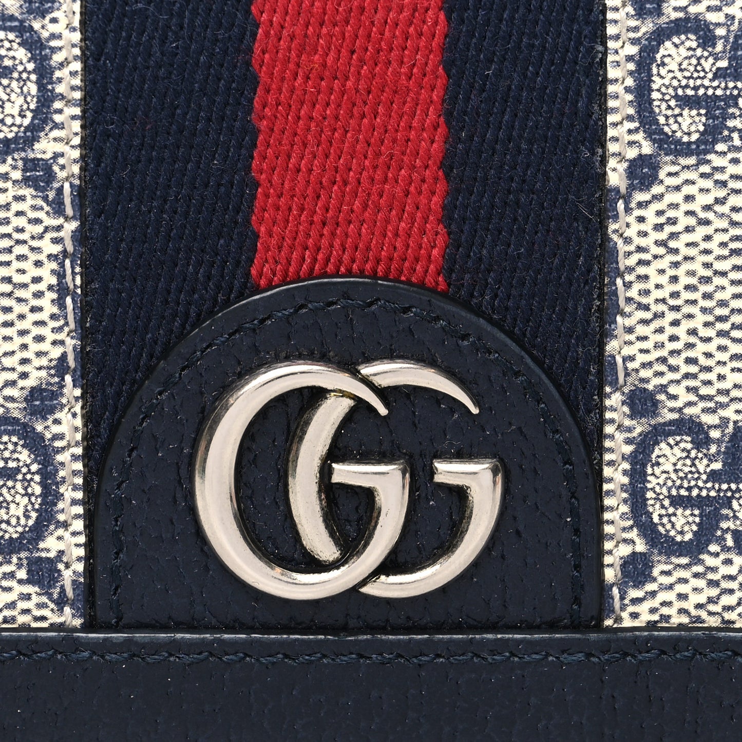 GG Supreme Monogram Textured Dollar Calfskin Web Ophidia Card Case Beige Blue