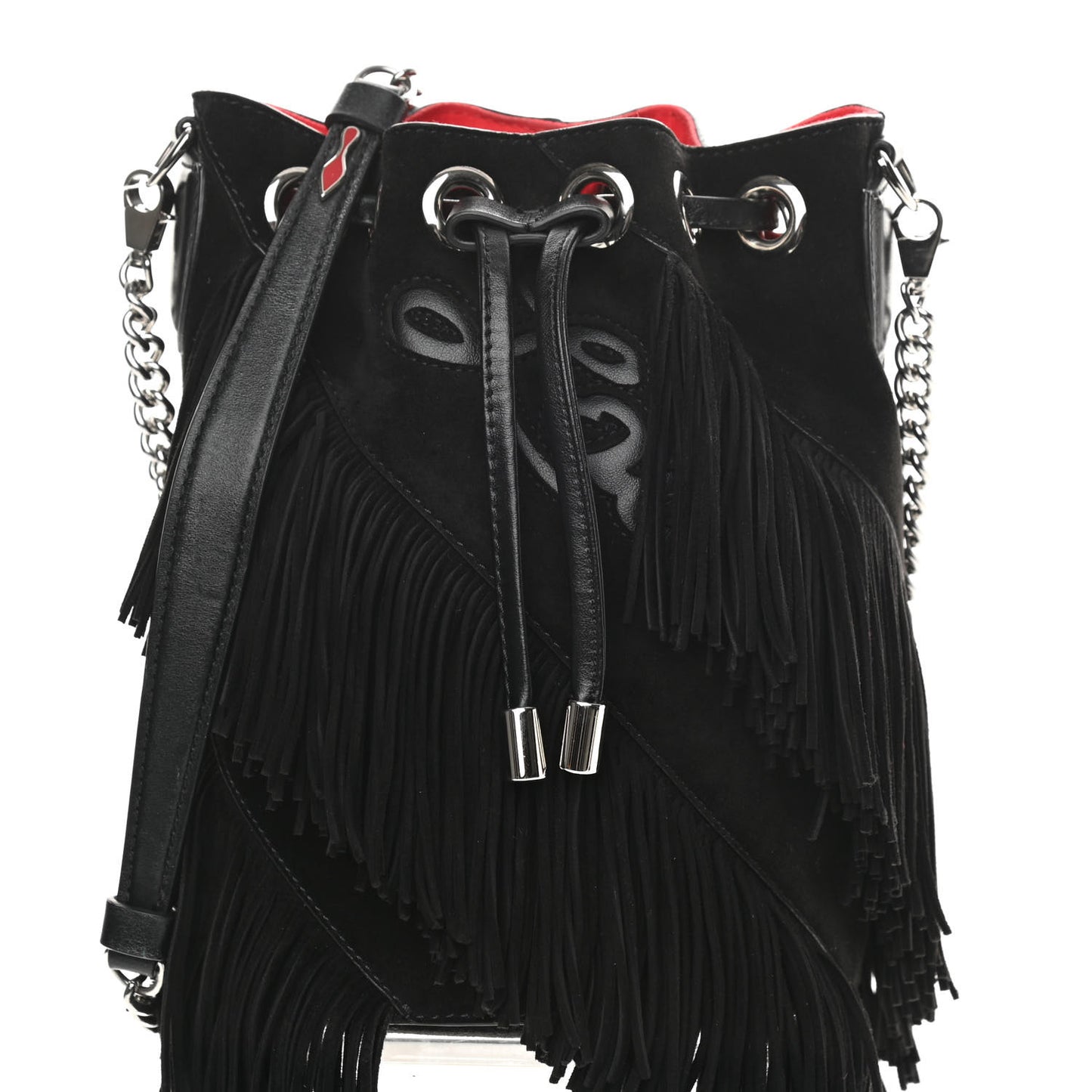 Suede Calfskin Fringe Marie Jane Bucket Black
