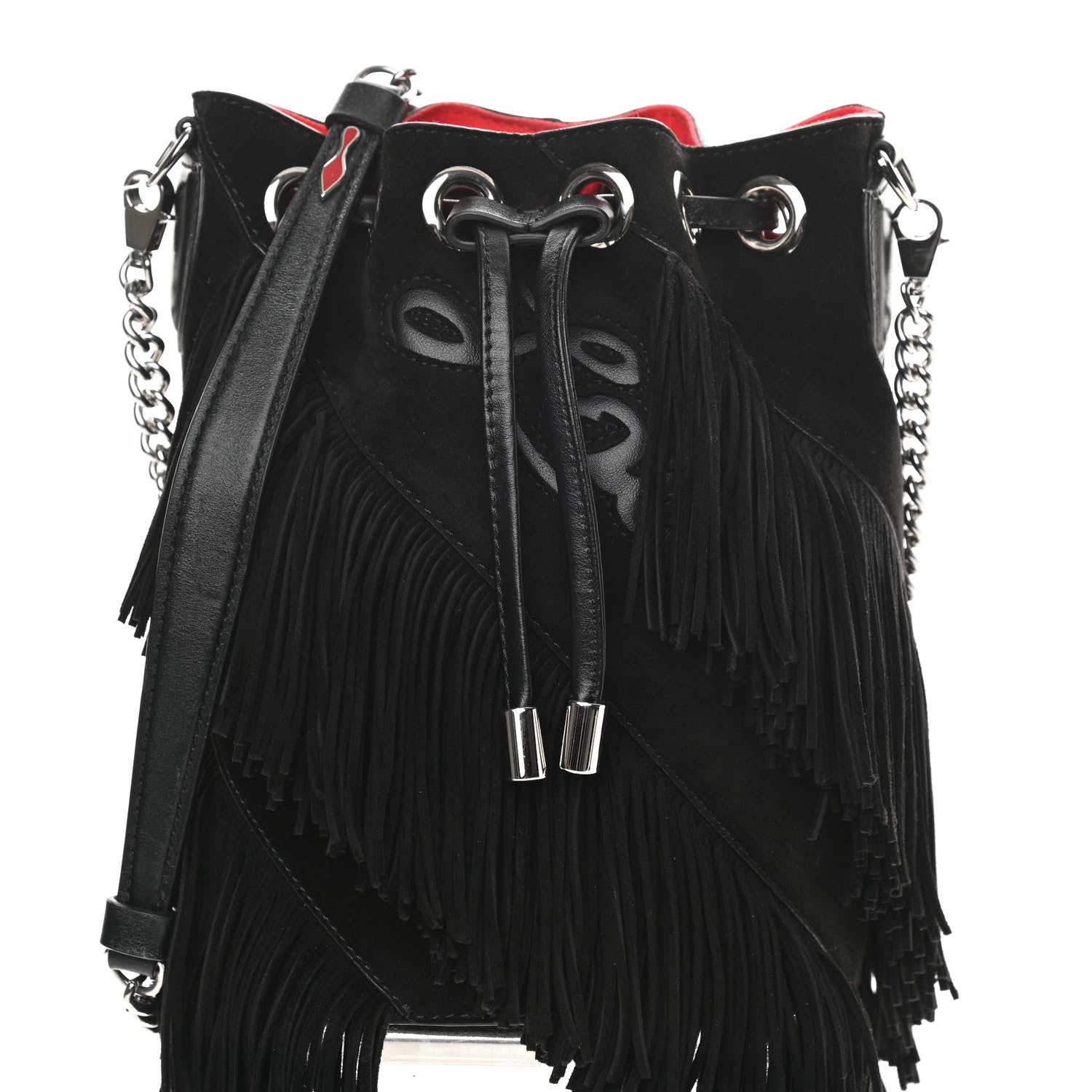Christian Louboutin Suede Calfskin Fringe Marie Jane Bucket Black 7 of 12