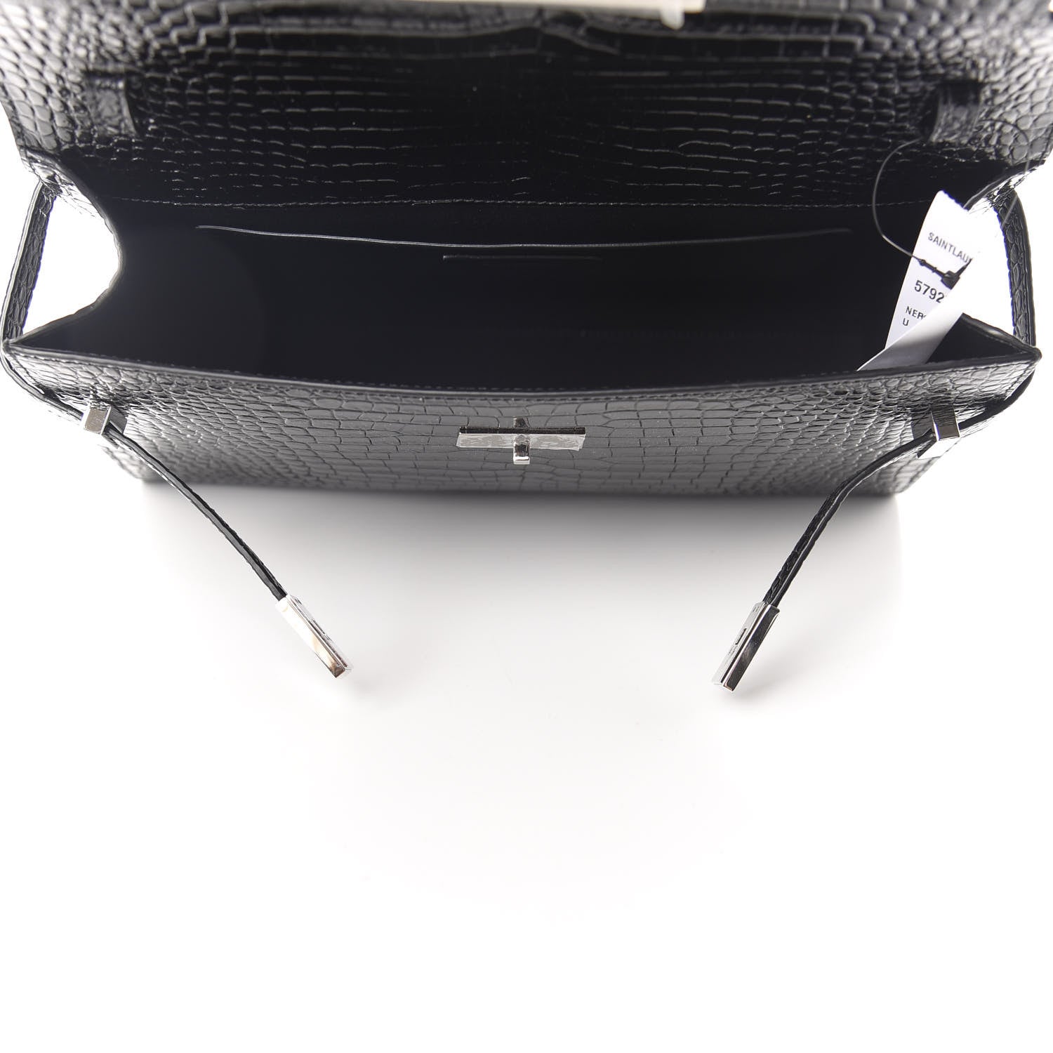 Saint Laurent Shiny Calfskin Crocodile Embossed Manhattan Baguette Black 5 of 10