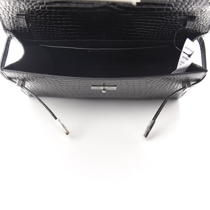 Saint Laurent Shiny Calfskin Crocodile Embossed Manhattan Baguette Black 5 of 10