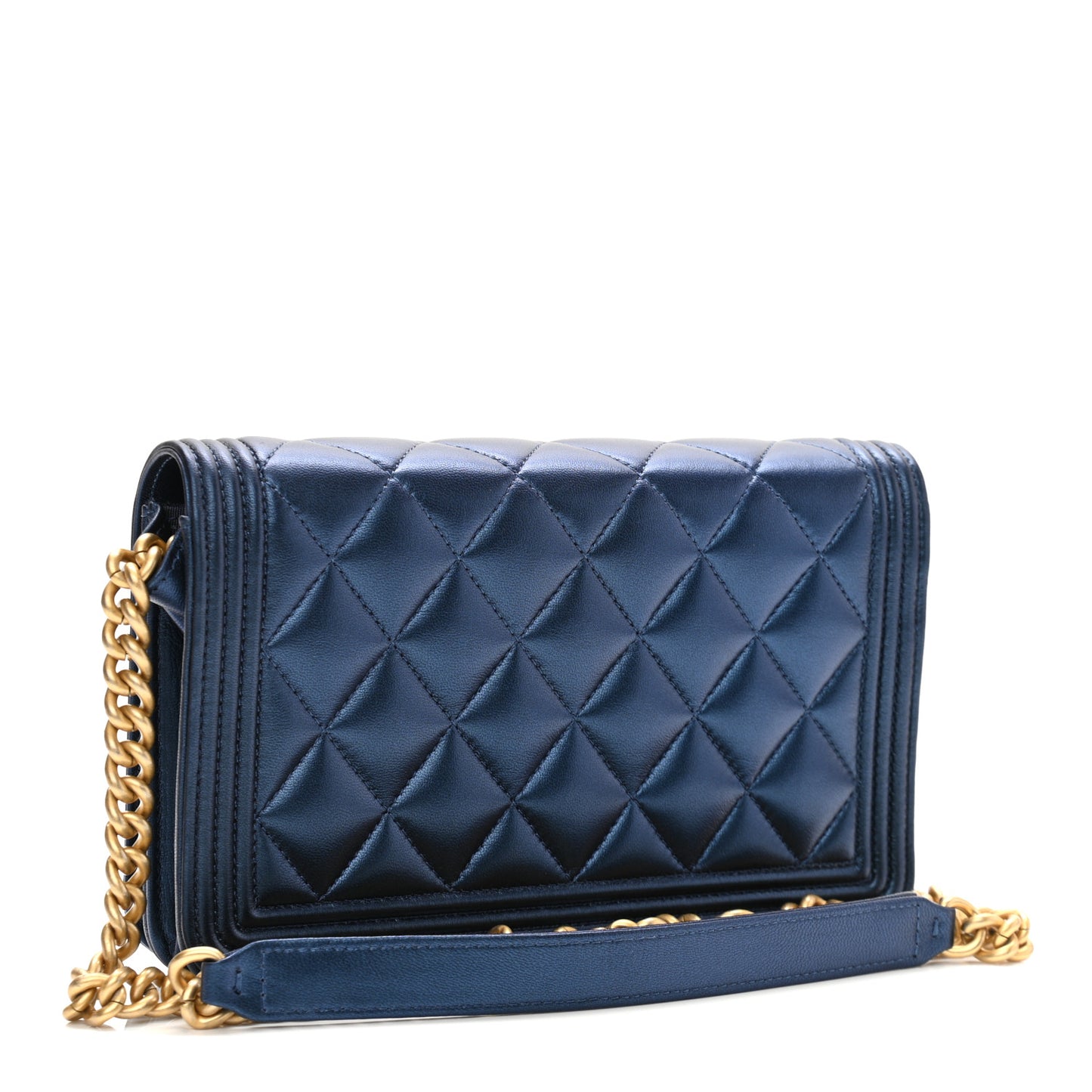 Metallic Lambskin Quilted Boy Wallet On Chain WOC Blue