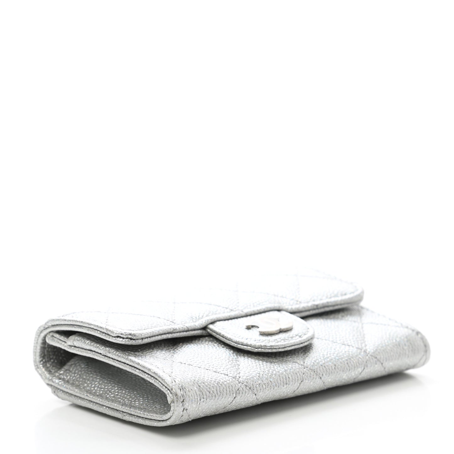 Glittered Metallic Caviar Quilted Flap Card Holder Wallet Silver