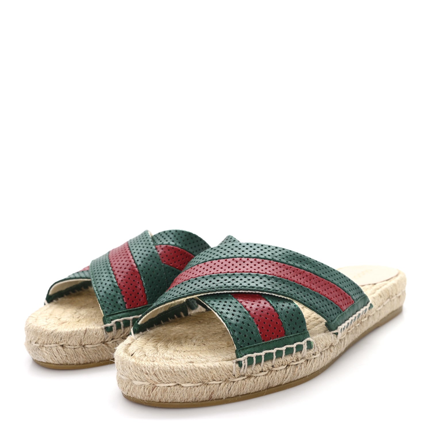 Gucci Malaga Kid Perforated Criss Cross Espadrille Slide Sandals 38.5 Emerald Hibiscus Red 4 of 10
