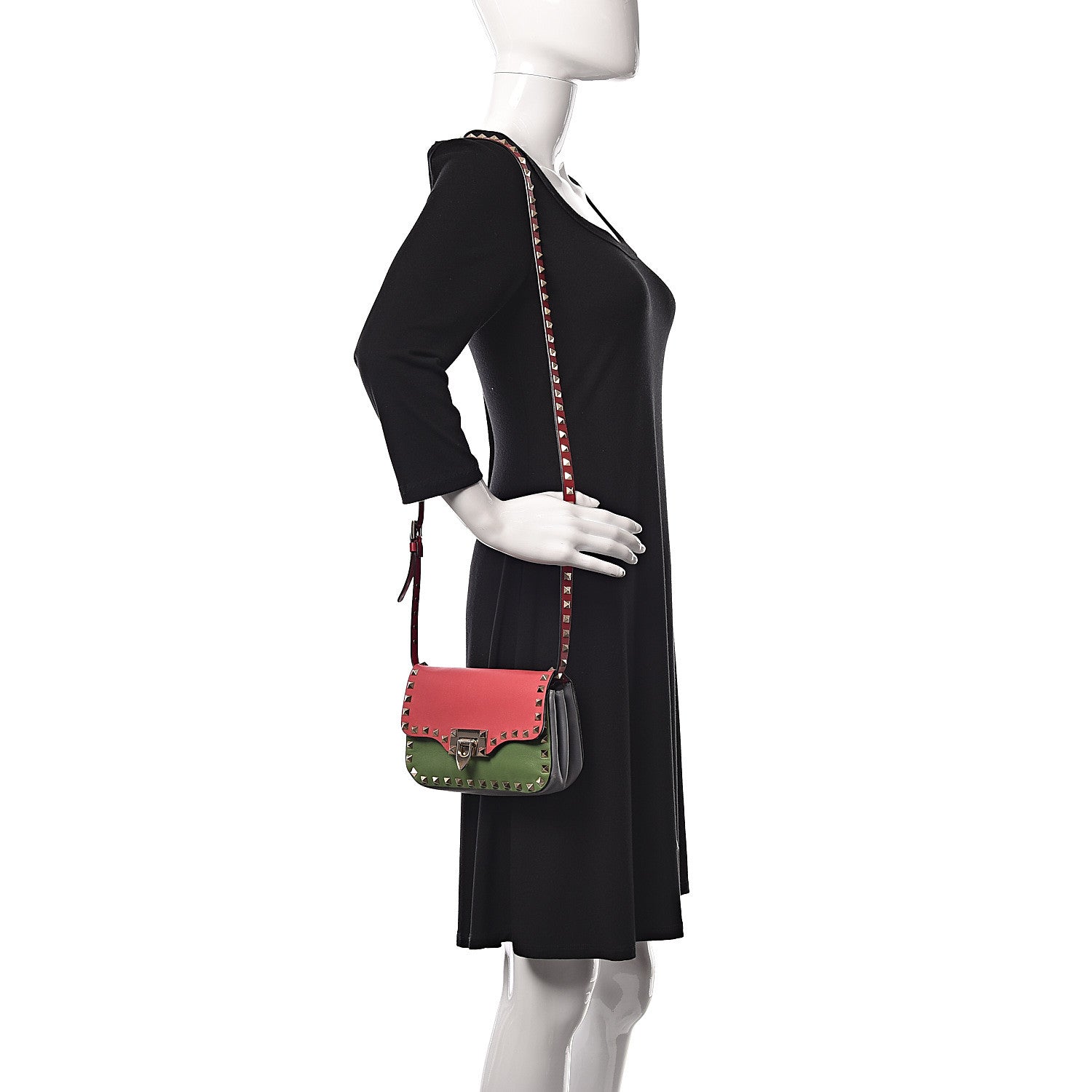 Valentino Garavani Vitello Colorblock Mini Rockstud Flap Saddle Crossbody Bag Deep Rose Green Grey Scarlet 2 of 15