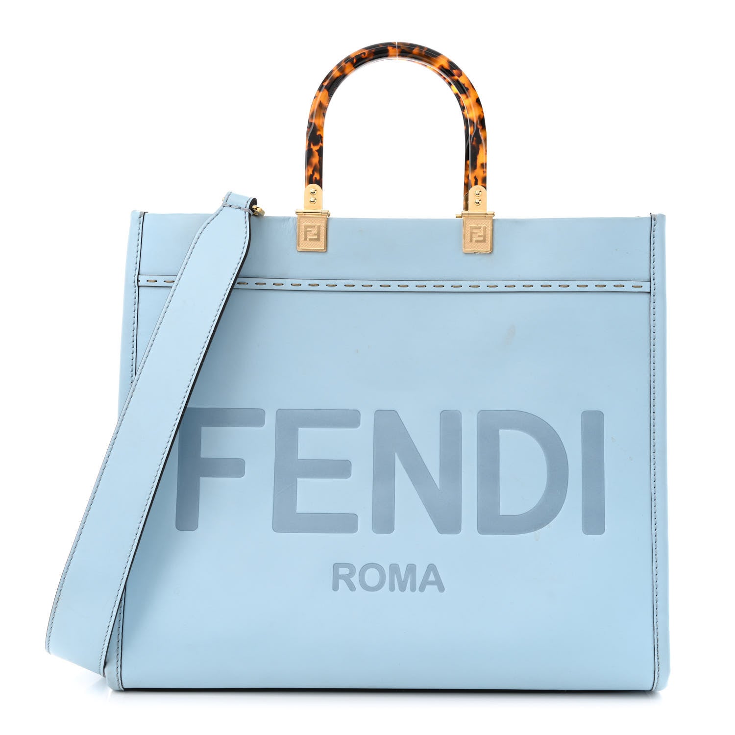Fendi Vitello King Plexiglass Logo Embossed Medium Fendi Sunshine Shopper Tote Azzurro Baby 1 of 13