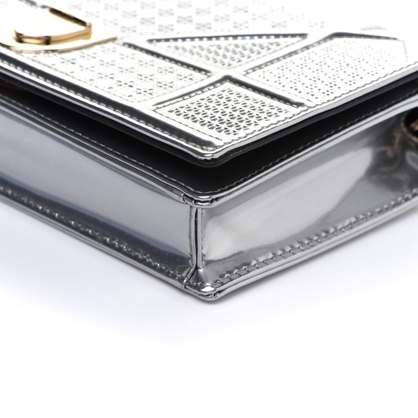 Metallic Patent Micro-Cannage Diorama Wallet on Chain Pouch Silver
