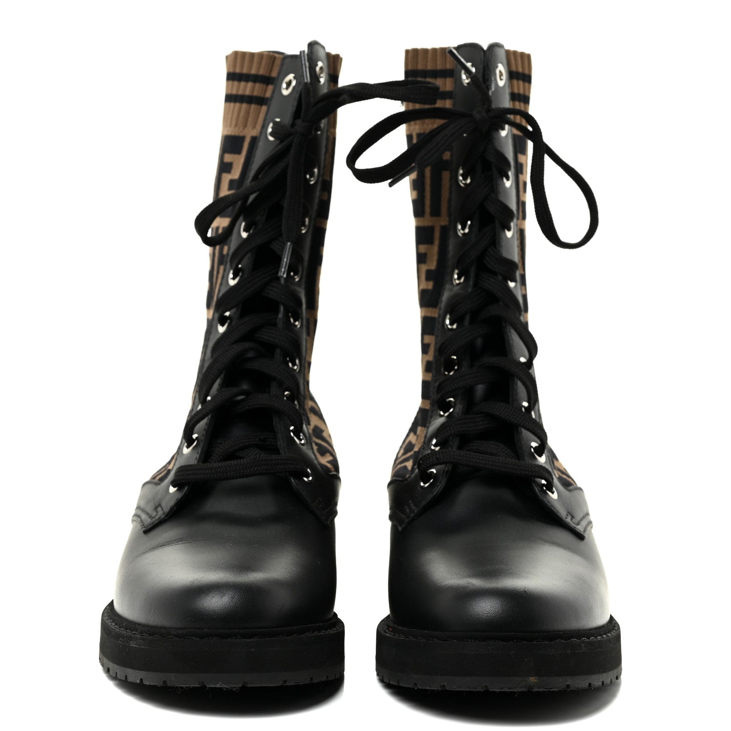 Fendi Calfskin Stretch Fabric FF Rockoko Biker Boots 39 Black Tobacco 2 of 18