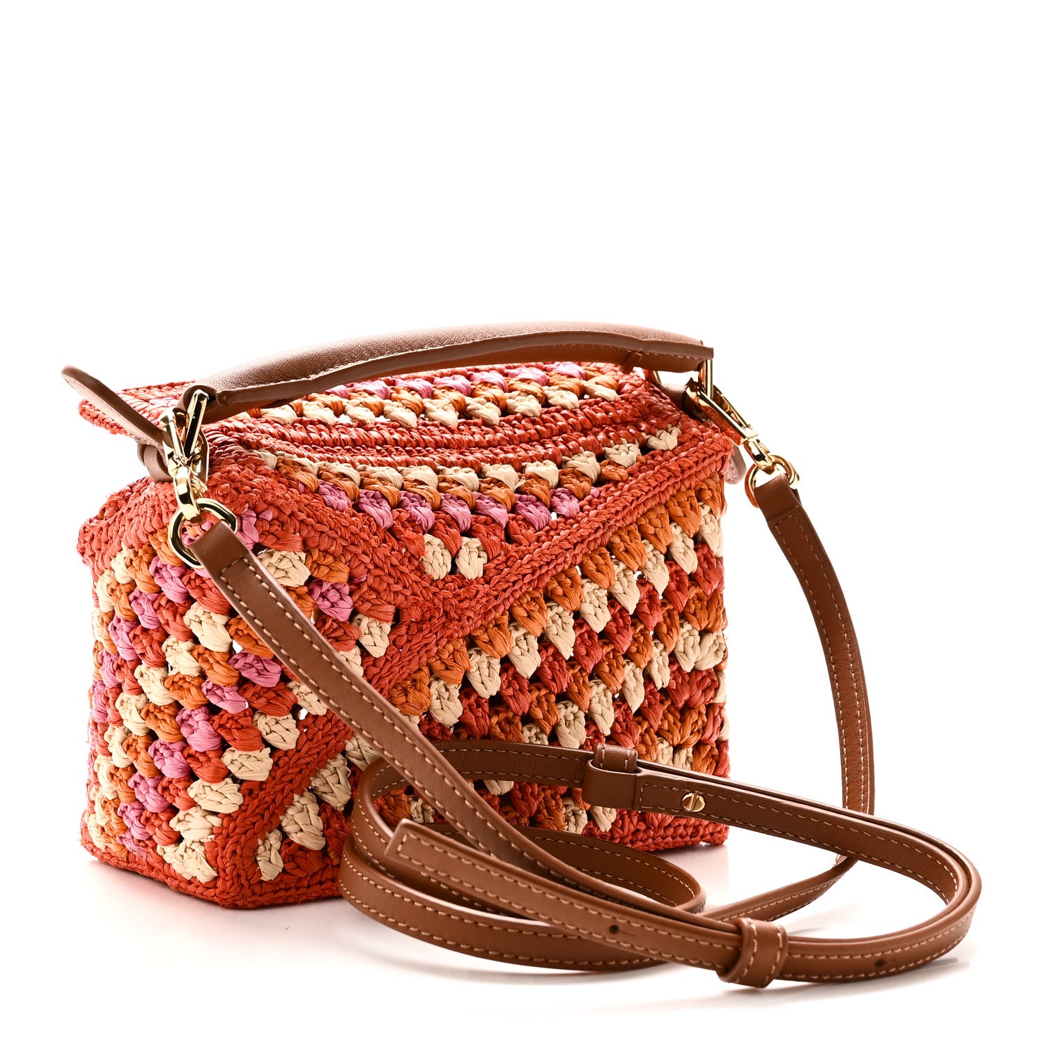 Loewe Raffia Crochet Calfskin Paula's Ibiza Mini Puzzle Edge Bag Bright Orange Pink 3 of 9